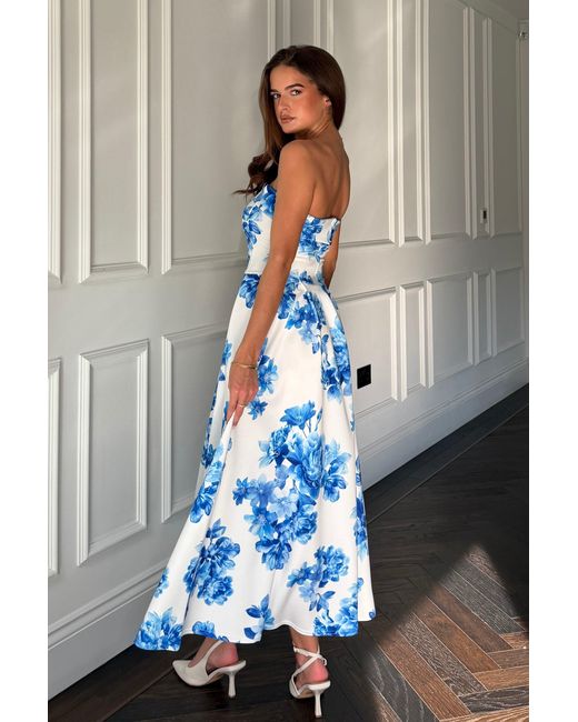 Girl In Mind Blue Danni Strapless Bandeau Midi Dress Floral