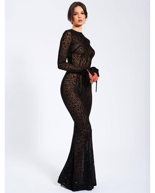 Miss Circle New York Black Waylynn Animal Print Burnout Velvet Detail Mesh Backless Maxi Dress