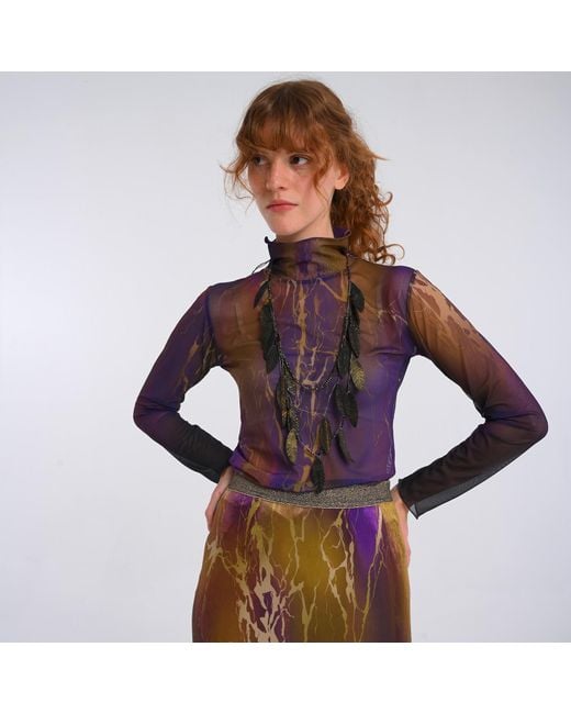 Lalipop Design Purple Abstract Printed Semi-Sheer Tulle Top