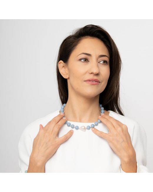 Silver Moon Blue Sterling Necklace Sky Murmur With Gemstones, Natural Seed Pearls And Baroque Pearl