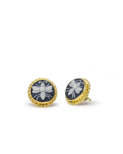 Vintouch Italy Blue Bee Cameo Stud Earrings