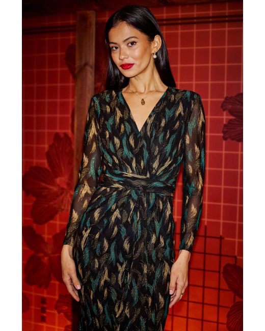 Yumi' Black Metallic Sparkle Mesh Wrap Midi Dress