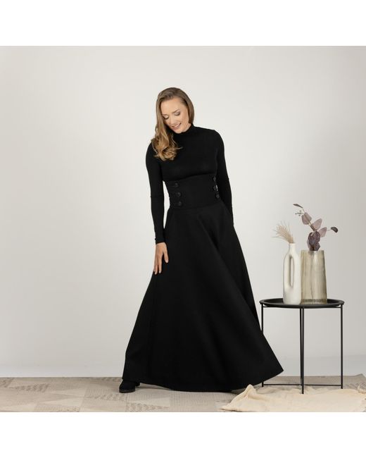 Nikka Place Black Wool Floor Length Skirt With Hight Waist & Front Buttons