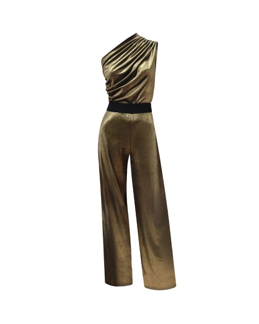 Me & Thee Green Gold Velvet One-Shoulder Wide-Leg Jumpsuit