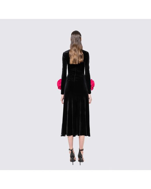 Nissa Black Floral-Detail Velvet Dress
