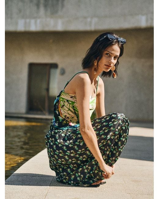 Lost Pattern Green Beach Blossom Satin Midi Skirt