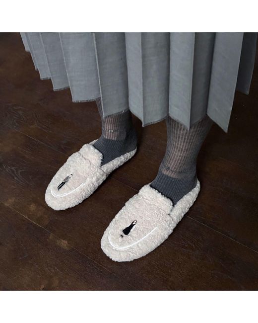 London Atelier Byproduct Blue Neutrals Shearling Mules With Embroidery Patches