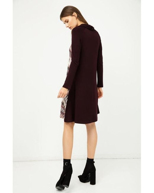 Conquista Brown A Line Print Dress With Turtle Neck