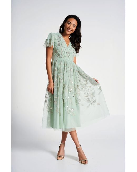 Frock and Frill Green Carissa Floral Embellished Midi Dress