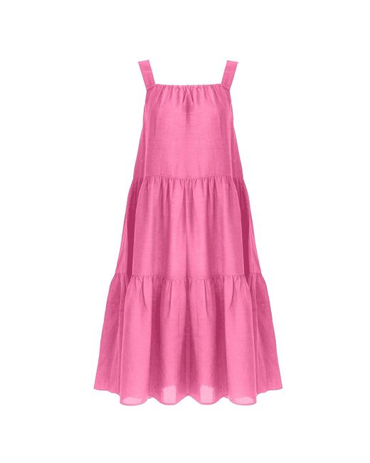 Zenzee Pink Cotton Linen Gathered Strap Tiered Dress