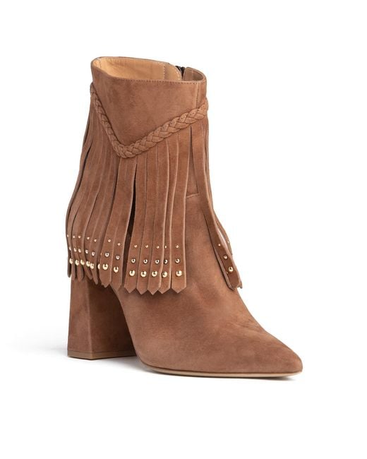 Beautiisoles by Robyn Shreiber Made in Italy Brown Tal Cognac Bootie Suede Fringes With Zipper Elegant & Comfortable For Work & Evening