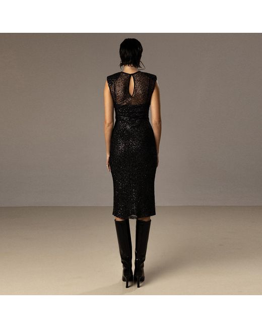 Nissa Black Sequined Mesh Midi Dress