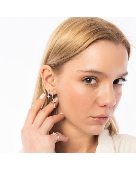 Spero London Metallic Full Pave Cross Sterling Drop Hoop Earring