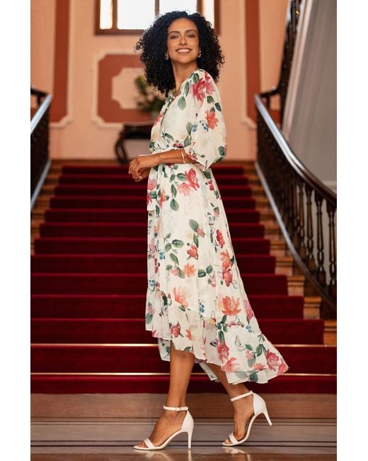 Yumi' White Neutrals Ivory Floral Print Wrap Midi Dress With Dipped Hem