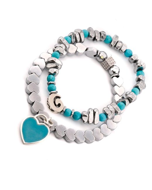 Ebru Jewelry Blue Sterling Love Charms & Hematite Stone Beaded Bracelet Set