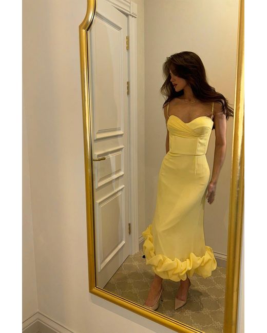 POST MERIDIEM Yellow Draped Bodice Bottom Flounced Bustier Dress