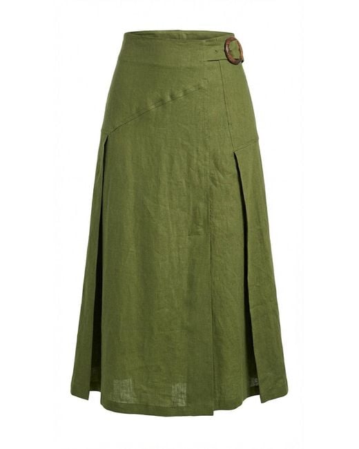 Exquise Green Burnice Buckle Detail Linen Midi Skirt