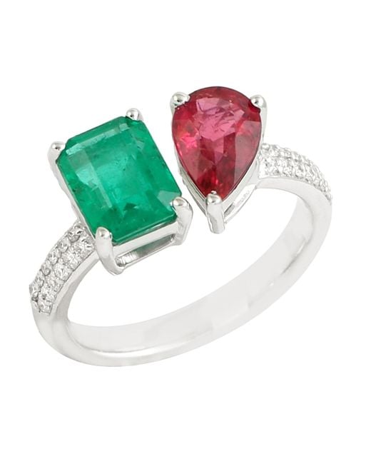 Artisan Green Emerald & Ruby Diamond Open Bypass Ring