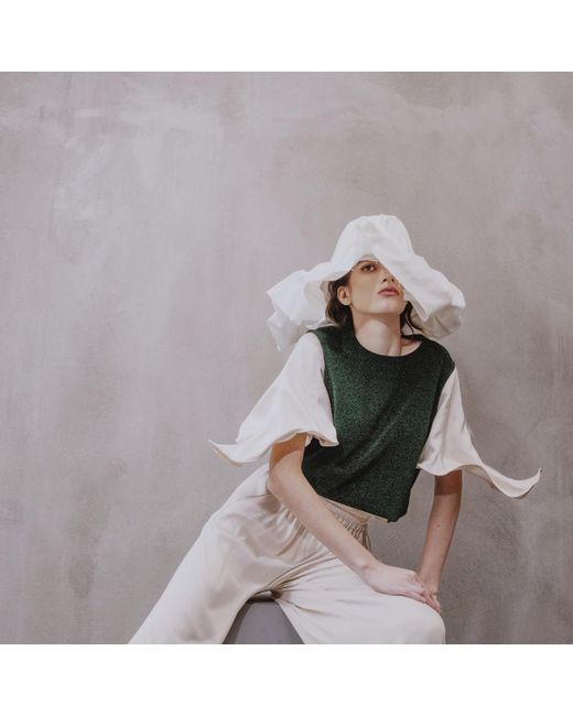 Julia Allert Green Lurex Knit Top With Adjustable Satin Sleeves