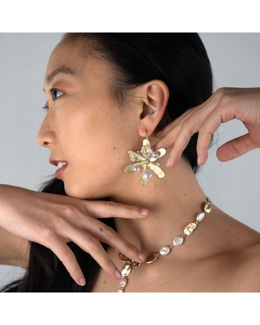 Rare Matters Jewelry Metallic Blossom Pearl Drops Flower Earring