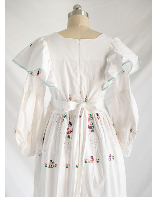 Sugar Cream Vintage White Re-design Upcycled Square Necked Landscape Embroidered Maxi Dress