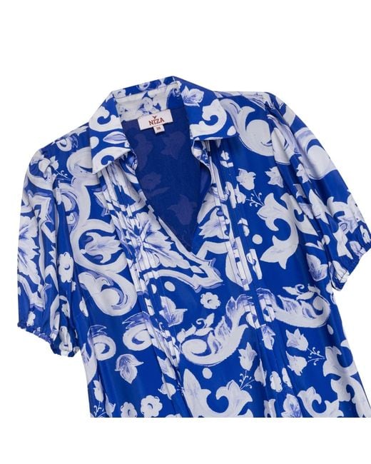 Niza Blue Long Printed Dress With Round Neckline