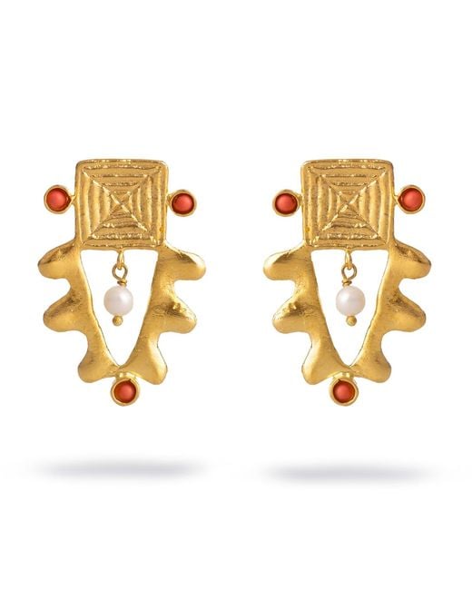 Ebru Jewelry Metallic Isis Charm Coral & Pearl Earrings