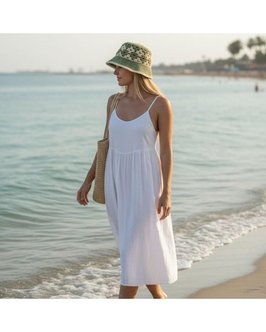 Springmoonatelier Green Neutrals Handmade Sage And Cream Crochet Bucket Hat – Lightweight Summer Style