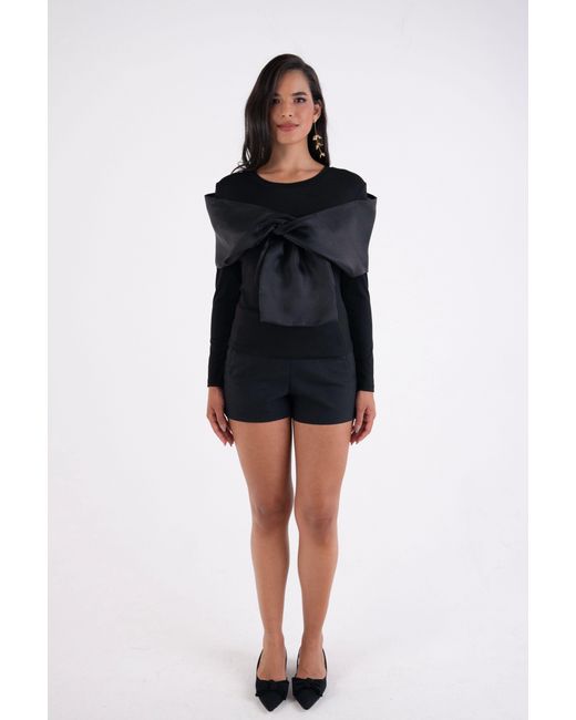Amy Lynn Black Helena Long Sleeve Top With Organza Bow Detail