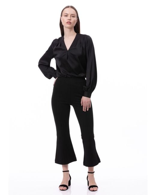 Carloslines Blue V-Neck Pleat Detail Balloon Long Sleeve Blouse