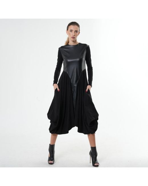 Metamorph Black Midi Dress With Leather Detail