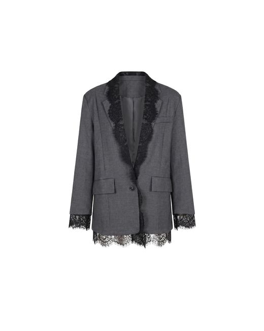 Modenaire Gray Tailored Blazer With Lace Trim Lapel