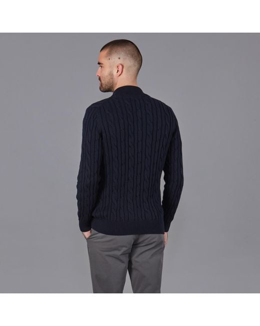 Paul James Knitwear Blue Midweight Romano Cotton Cable Zip Neck Jumper for men