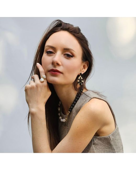 Farra Metallic Teardrop Shaped Obsidian Statement Earrings