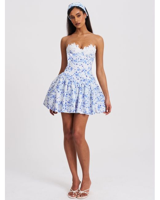 Miss Circle New York Blue Taleah Floral Print Linen Mini Dress With Lace Trim