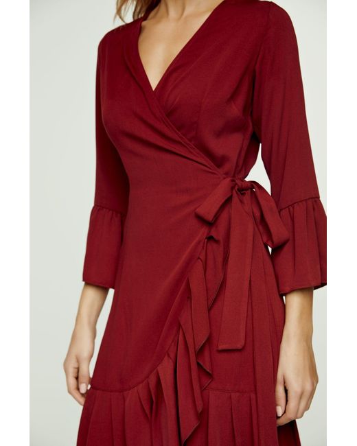 Conquista Red Wine Wrap Dress Viscose With Bell Sleeves