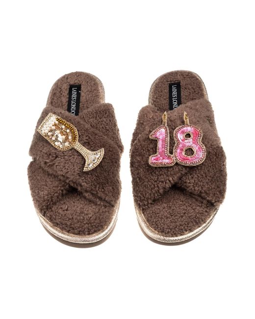 Laines London Brown Neutrals Laines Neutral Boucle Slippers With 18Th Birthday & Champers Brooches