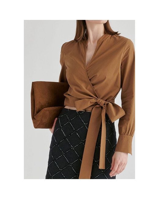 Paisie Brown Split Collarless Wrap Top With Side-Tie Waist