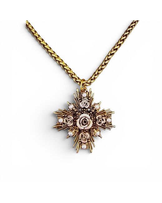 Vstyle Metallic Sacred Rose Pearl Cross Necklace