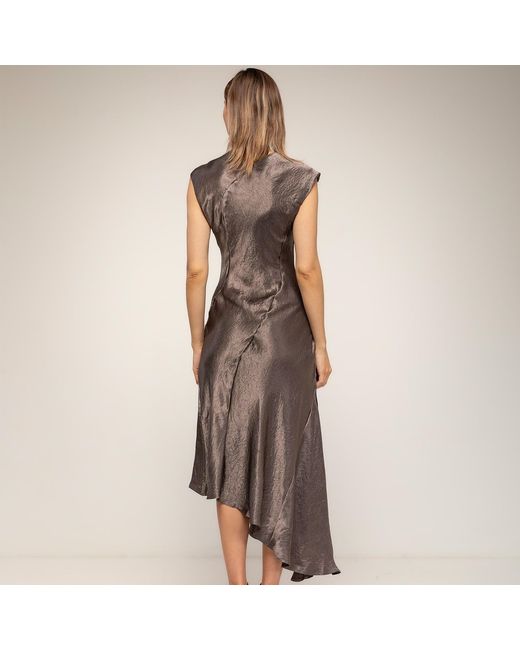 Tantra Spain Sl Brown Midi Dress With A Silk-Textured Boat Neckline And An Asymmetrical Hem