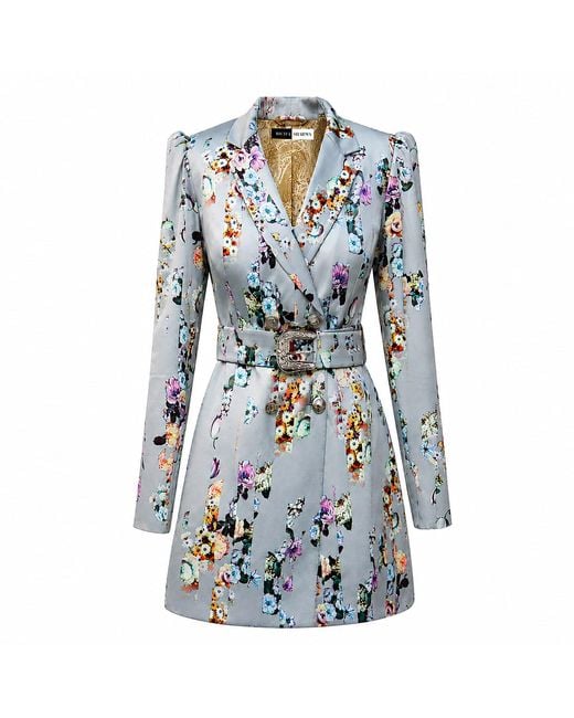 Richa Sharma Blue Handcrafted Duchess Satin Blazer Dress
