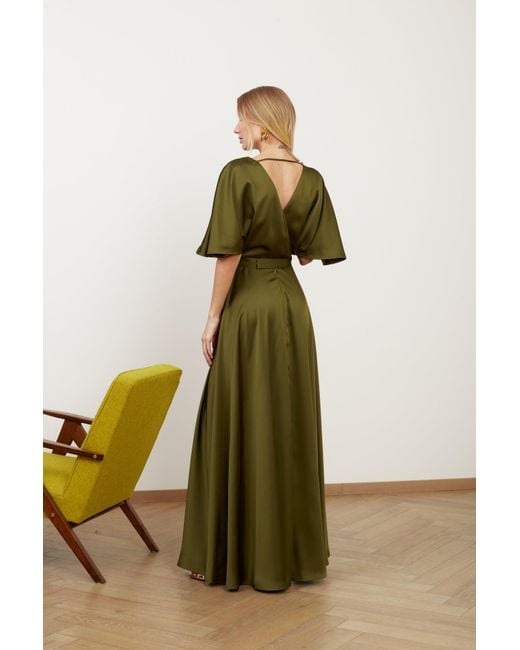 solene olive green satin long dress for wedding guest reviews Olive Green Satin Maxi Evening Dress SOLENE