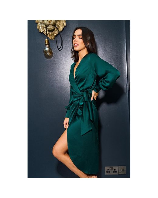 Urban Touch Green Long Sleeve Wrap Midi Dress