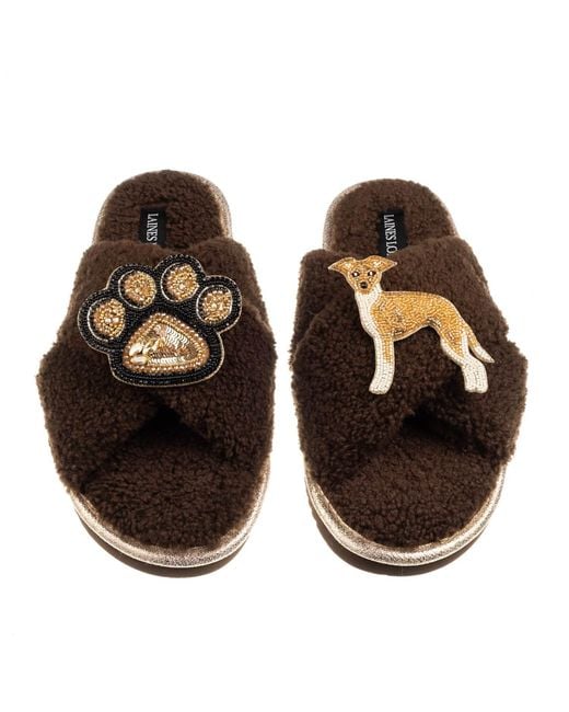 Laines London Brown Neutrals Boucle Slippers With Paw & Fawn & Italian Greyhound Brooches