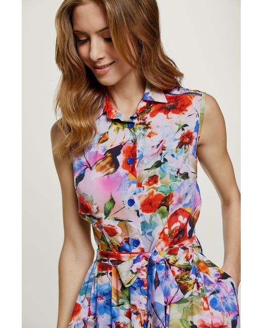 Conquista Blue Floral Sleeveless Dress With Belt