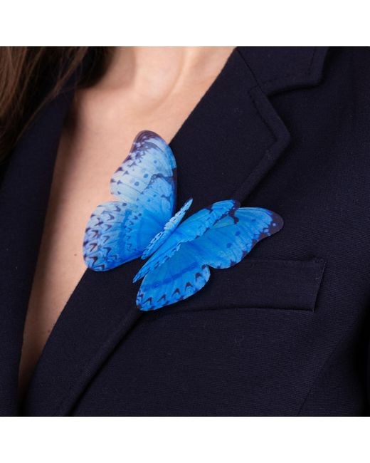 Oana Savu Blue Versatile Large Silk Butterfly Brooch Pin With Pin