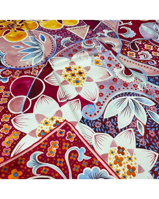 Wenzi Red Rhythms Of Bloom Hand Painted Pattern Double Sided Silk Twill Scarf