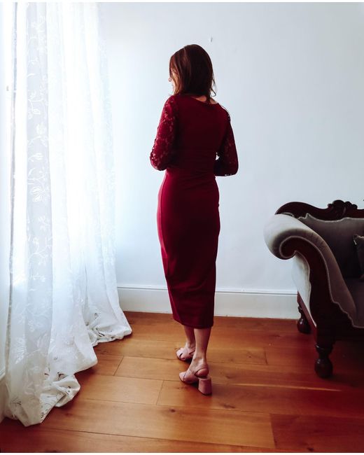 Sophie Cameron Davies Red Burgundy Lace Sleeve Jersey Midi Dress