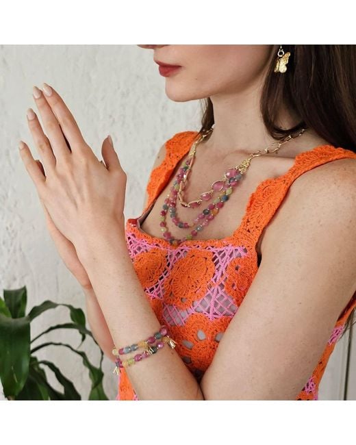 Farra Multicolor Tourmaline With Flower Charm Double Layers Bracelet