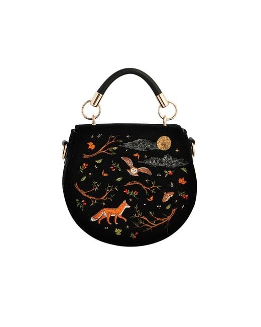 Fable England Black Fox & Owl Embroidered Top Handle Saddle Bag